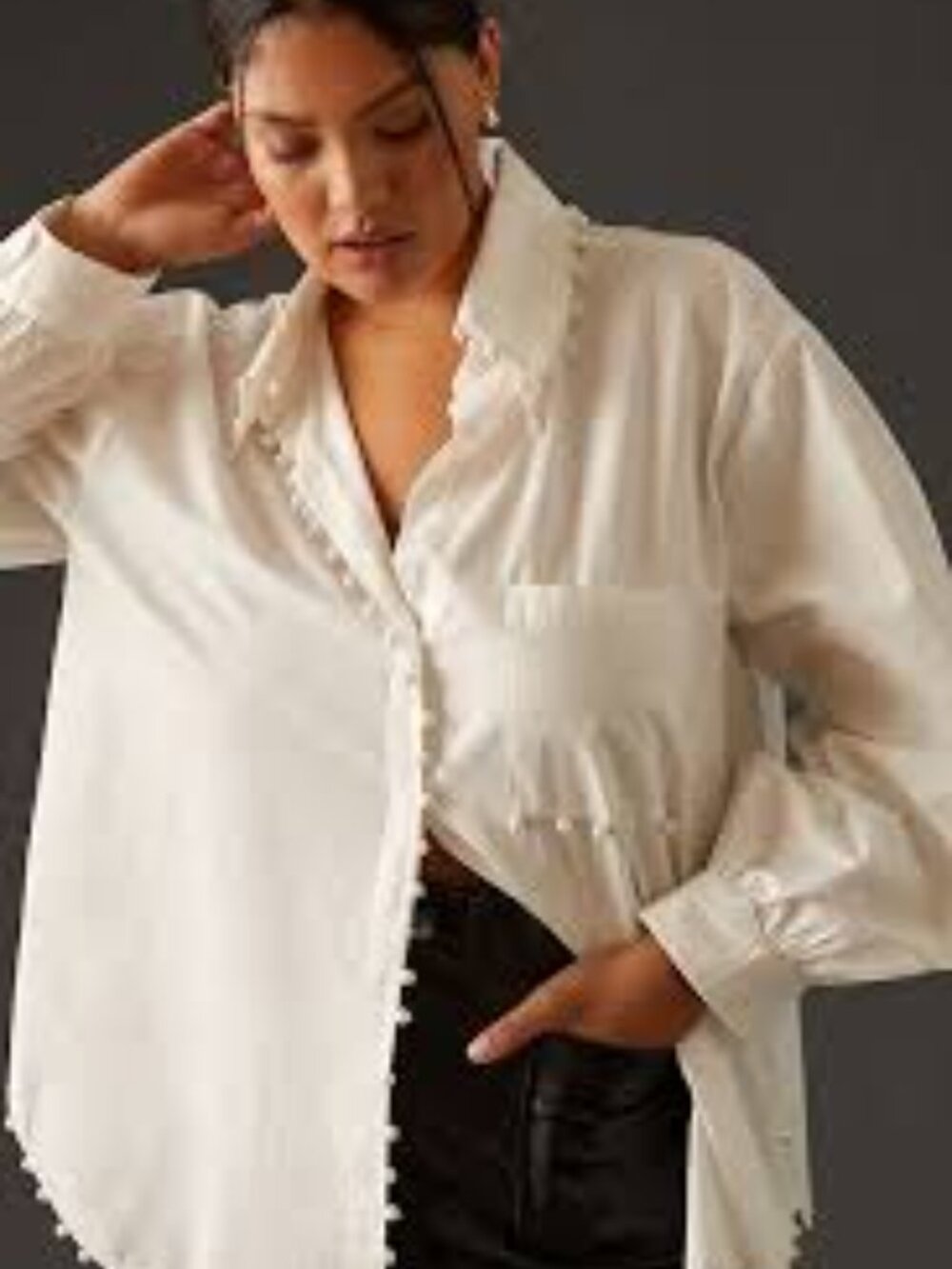 White Mememe embellished button-down tunic features elegant faux pearl accent XL